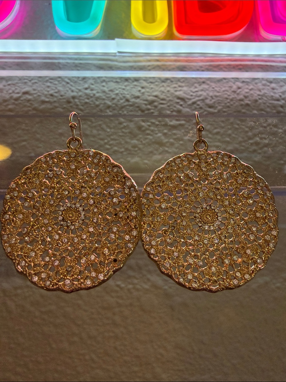 Gold Filigree Crystal Disc Drop Earrings